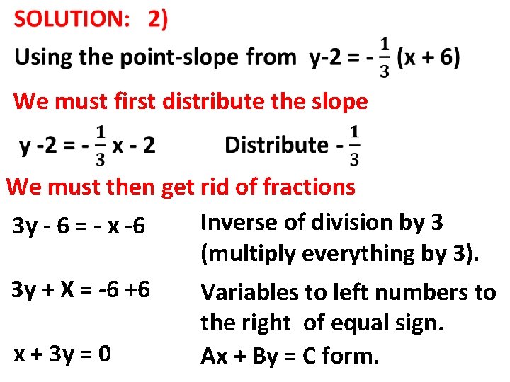 We must first distribute the slope We must then get rid of fractions Inverse