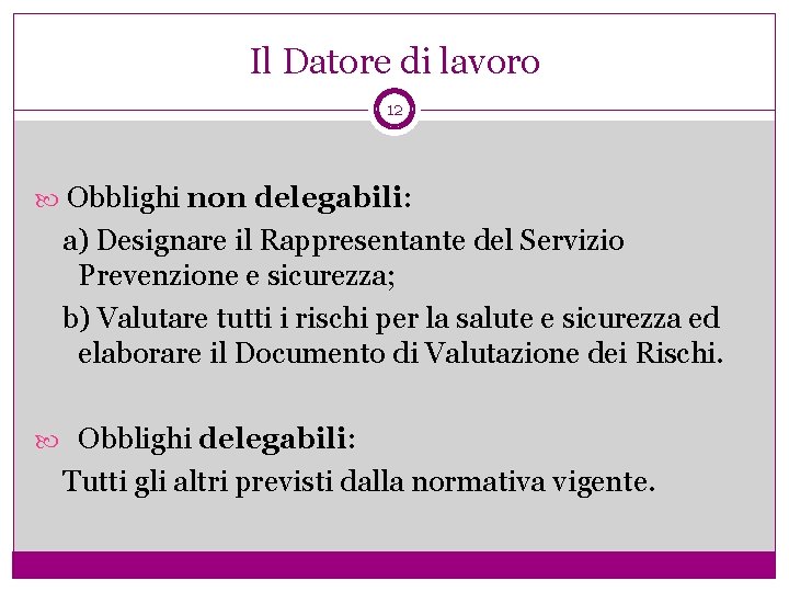 Il Datore di lavoro 12 Obblighi non delegabili: a) Designare il Rappresentante del Servizio