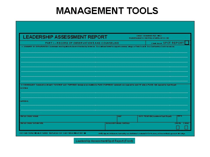 MANAGEMENT TOOLS LEADERSHIP ASSESSMENT REPORT CADET COMMAND REG 145 -3 REQUIREMENTS CONTROL SYMBOL ATCC-122
