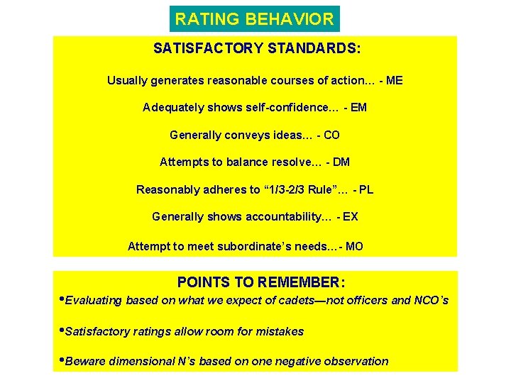 RATING BEHAVIOR SATISFACTORY STANDARDS: Usually generates reasonable courses of action… - ME Adequately shows
