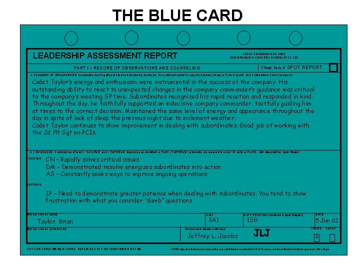 THE BLUE CARD LEADERSHIP ASSESSMENT REPORT CADET COMMAND REG 145 -3 REQUIREMENTS CONTROL SYMBOL