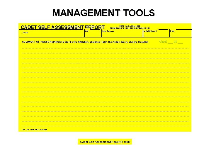 MANAGEMENT TOOLS CADET SELF ASSESSMENT REPORT Cadet Unit ROTC Cdt Cmd Reg 145 -3