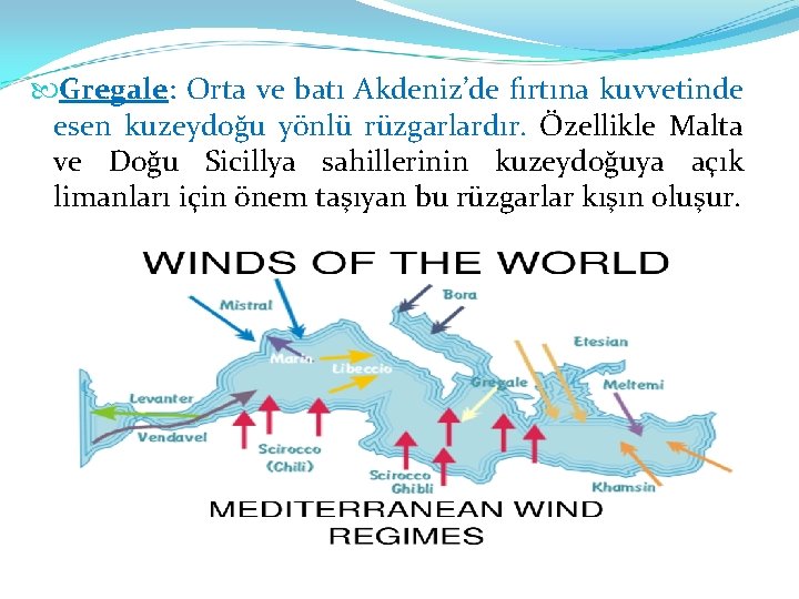  Gregale: Orta ve batı Akdeniz’de fırtına kuvvetinde esen kuzeydoğu yönlü rüzgarlardır. Özellikle Malta