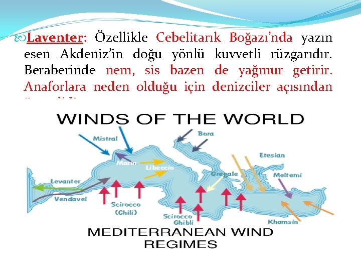  Laventer: Özellikle Cebelitarık Boğazı’nda yazın esen Akdeniz’in doğu yönlü kuvvetli rüzgarıdır. Beraberinde nem,