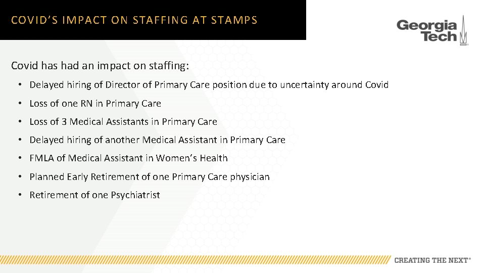 COVID’S IMPACT ON STAFFING AT STAMPS Covid has had an impact on staffing: •