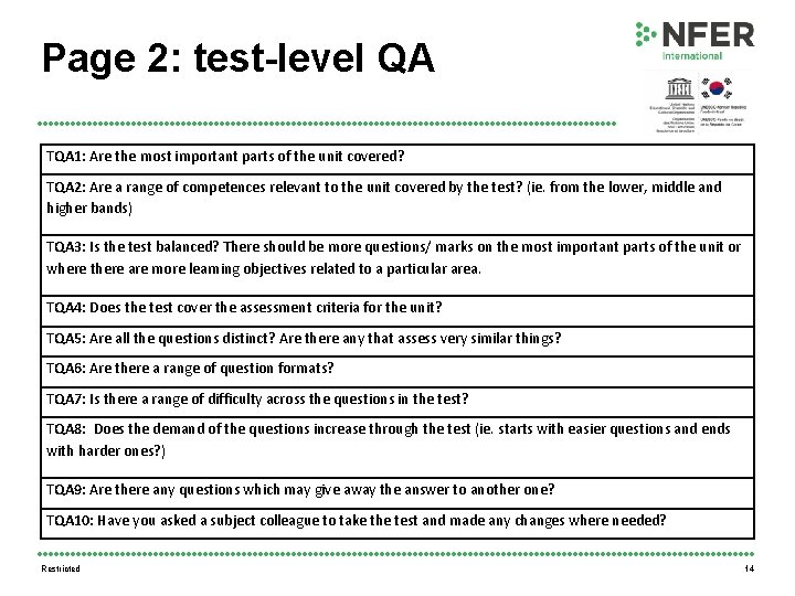 Page 2: test-level QA TQA 1: Are the most important parts of the unit