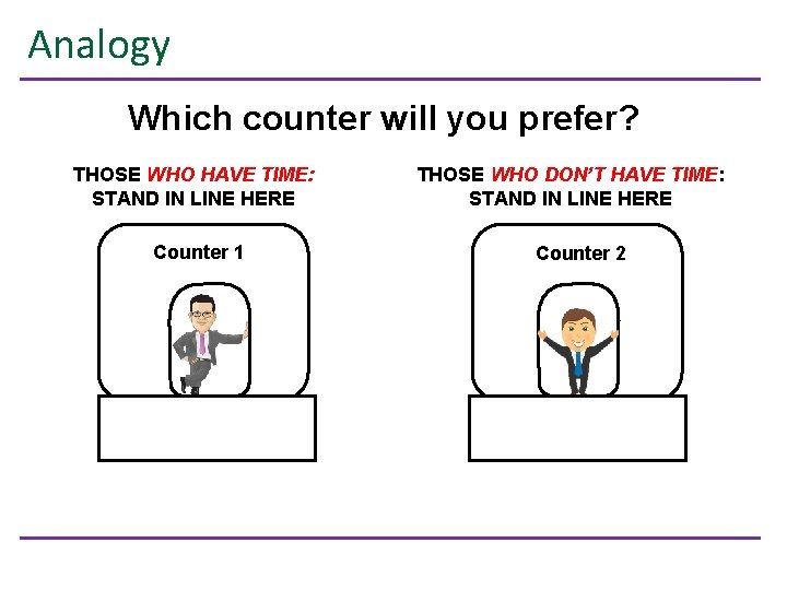 Analogy Which counter will you prefer? THOSE WHO HAVE TIME: STAND IN LINE HERE