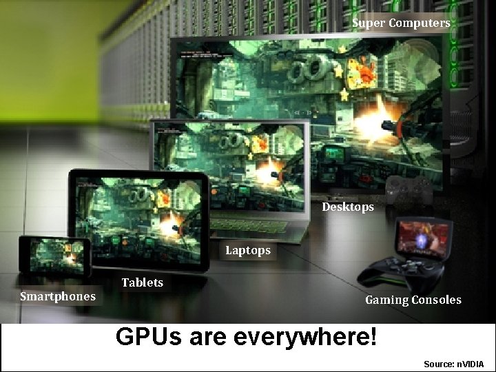 Super Computers Desktops Laptops Smartphones Tablets Gaming Consoles GPUs are everywhere! Source: n. VIDIA