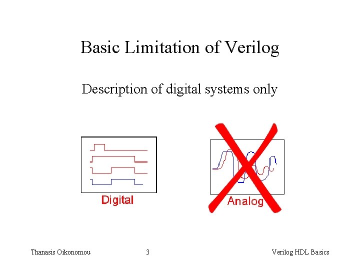 Basic Limitation of Verilog Description of digital systems only Thanasis Oikonomou 3 Verilog HDL