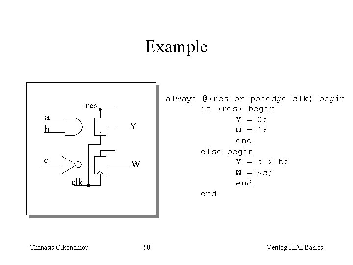 Example always @(res or posedge clk) begin if (res) begin Y = 0; W