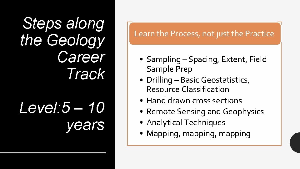 Steps along the Geology Career Track Level: 5 – 10 years Learn the Process,