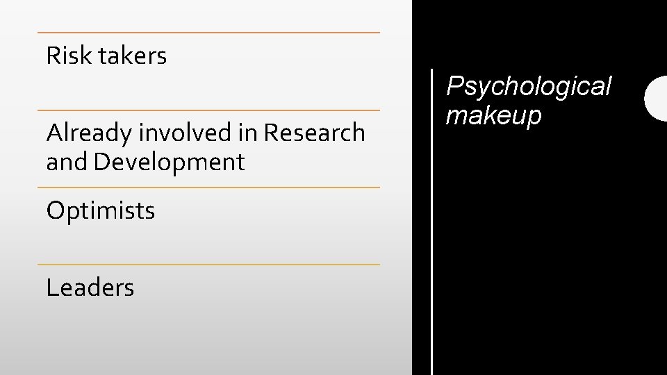 Risk takers Already involved in Research and Development Optimists Leaders Psychological makeup 