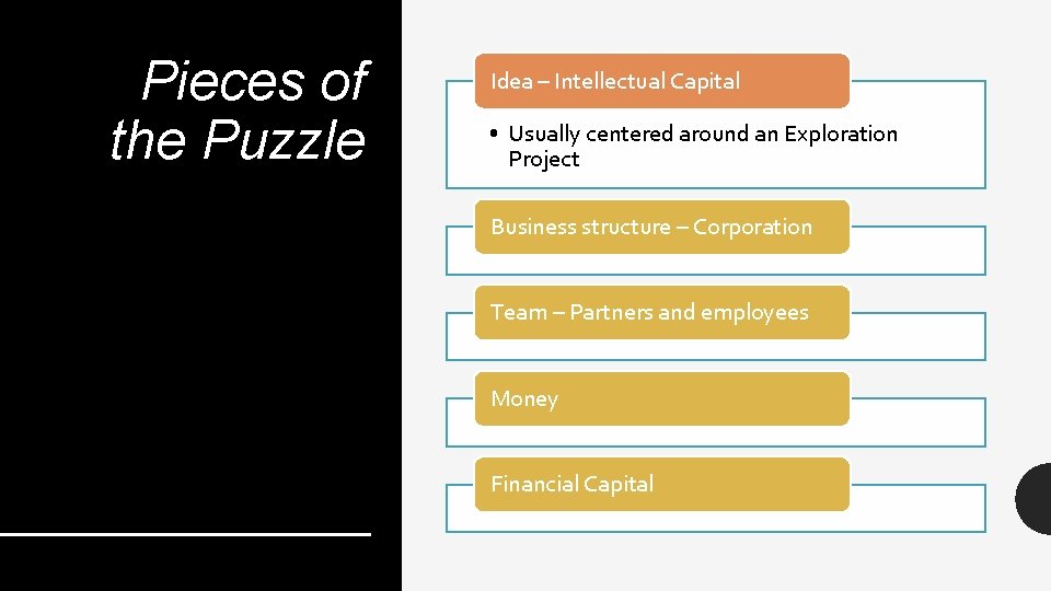 Pieces of the Puzzle Idea – Intellectual Capital • Usually centered around an Exploration
