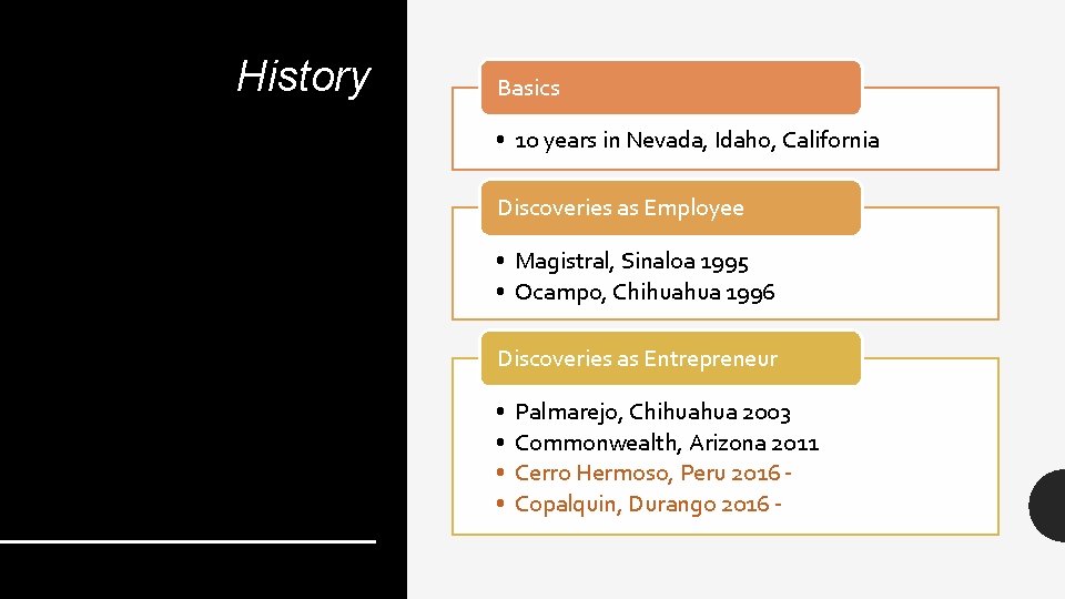 History Basics • 10 years in Nevada, Idaho, California Discoveries as Employee • Magistral,