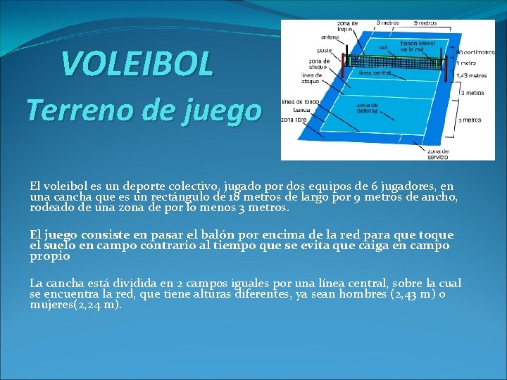 VOLEIBOL Terreno de juego El voleibol es un deporte colectivo, jugado por dos equipos