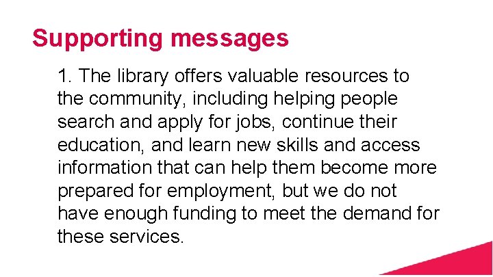 Supporting messages 1. The library offers valuable resources to the community, including helping people