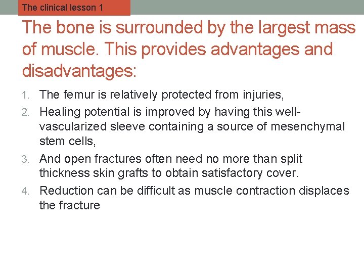 The clinical lesson 1 The bone is surrounded by the largest mass of muscle.