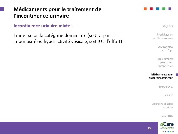 Médicaments pour le traitement de l’incontinence urinaire Incontinence urinaire mixte : Traiter selon la