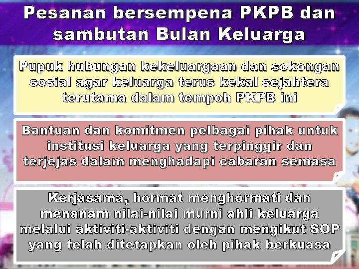 Pesanan bersempena PKPB dan sambutan Bulan Keluarga Pupuk hubungan kekeluargaan dan sokongan sosial agar Pesanan bersempena PKPB dan sambutan Bulan Keluarga Pupuk hubungan kekeluargaan dan sokongan sosial agar