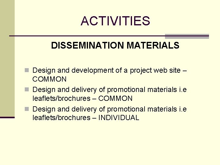 ACTIVITIES DISSEMINATION MATERIALS n Design and development of a project web site – COMMON