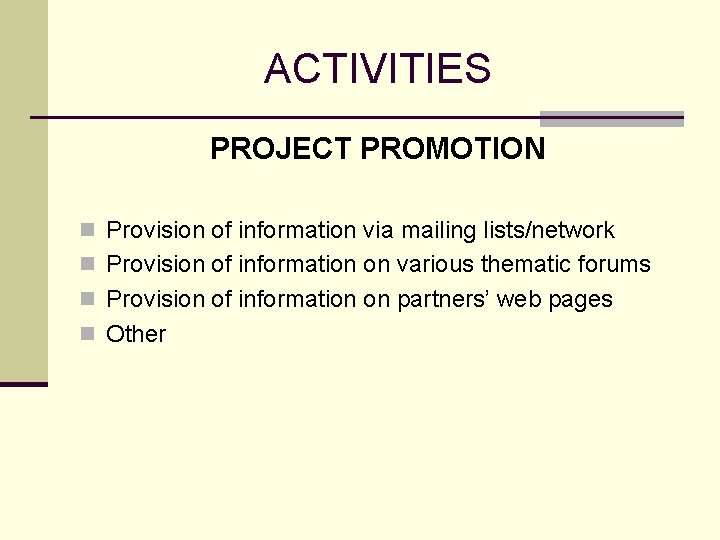 ACTIVITIES PROJECT PROMOTION n Provision of information via mailing lists/network n Provision of information