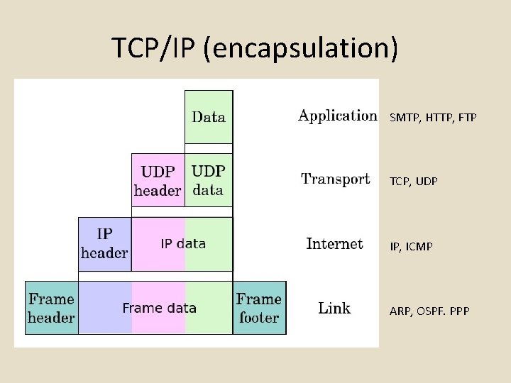 TCP/IP (encapsulation) SMTP, HTTP, FTP TCP, UDP IP, ICMP ARP, OSPF. PPP 