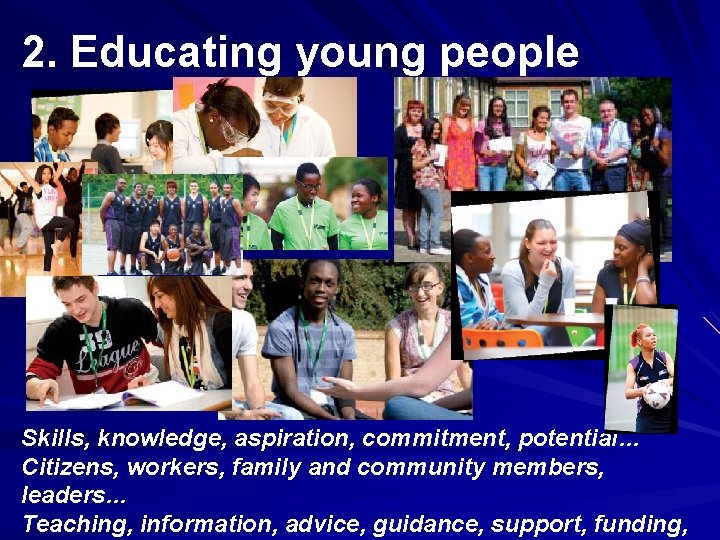 2. Educating young people Skills, knowledge, aspiration, commitment, potential… Citizens, workers, family and community