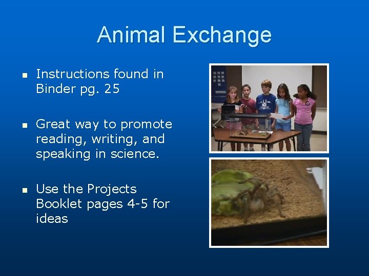 Animal Exchange n n n Instructions found in Binder pg. 25 Great way to