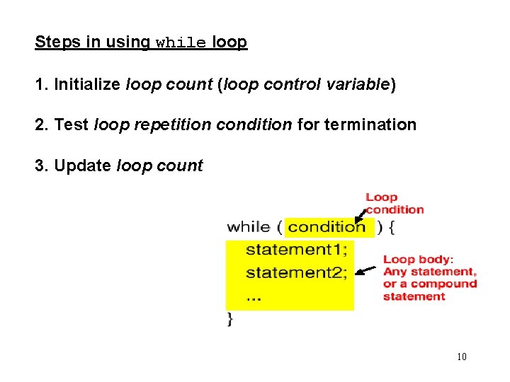 Steps in using while loop 1. Initialize loop count (loop control variable) 2. Test