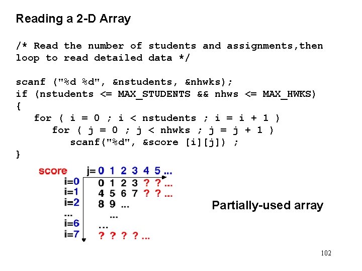 Reading a 2 -D Array /* Read the number of students and assignments, then
