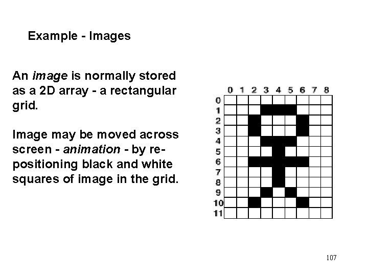 Example - Images An image is normally stored as a 2 D array -