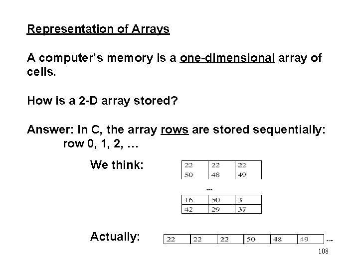 Representation of Arrays A computer’s memory is a one-dimensional array of cells. How is