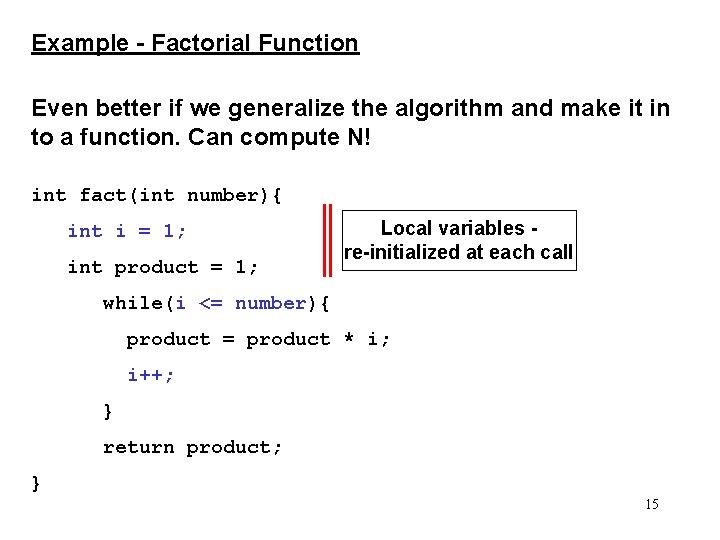 Example - Factorial Function Even better if we generalize the algorithm and make it