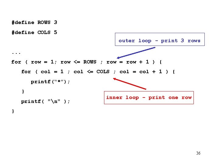 #define ROWS 3 #define COLS 5 outer loop - print 3 rows. . .