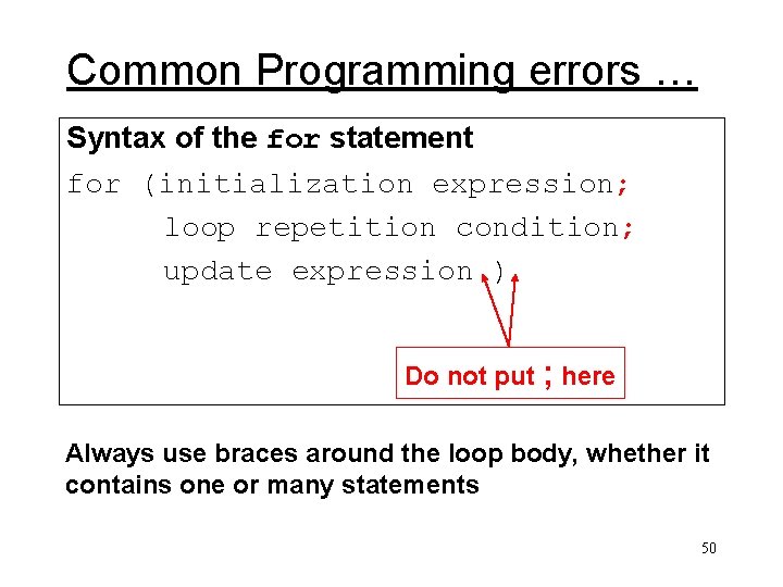 Common Programming errors … Syntax of the for statement for (initialization expression; loop repetition