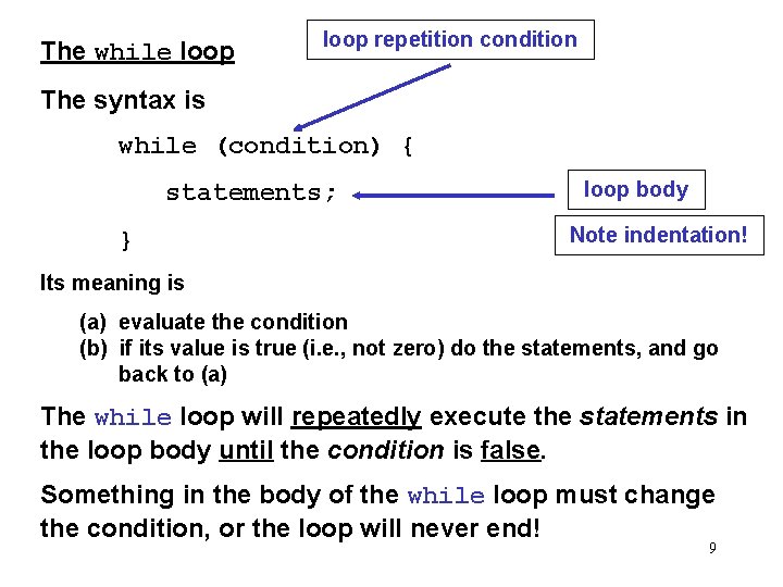 The while loop repetition condition The syntax is while (condition) { statements; } loop