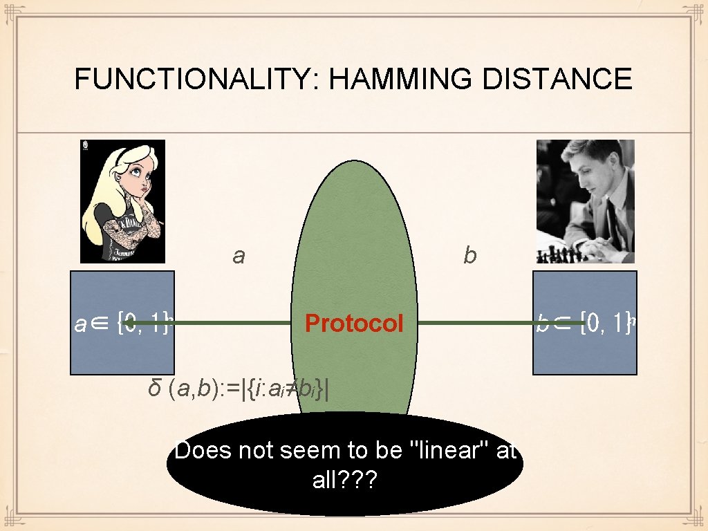 FUNCTIONALITY: HAMMING DISTANCE TTP a a∈{0, 1}ⁿ b Protocol δ (a, b): =|{i: aᵢ≠bᵢ}|