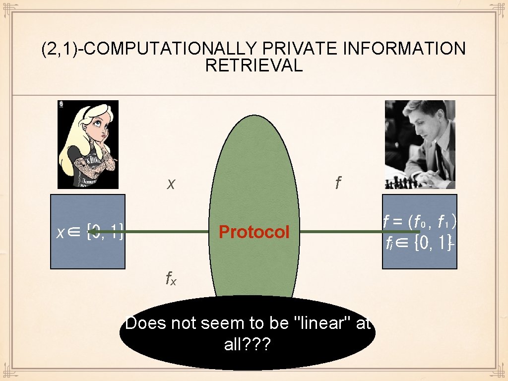 (2, 1)-COMPUTATIONALLY PRIVATE INFORMATION RETRIEVAL x TTP f Protocol x∈{0, 1} fₓ Does not