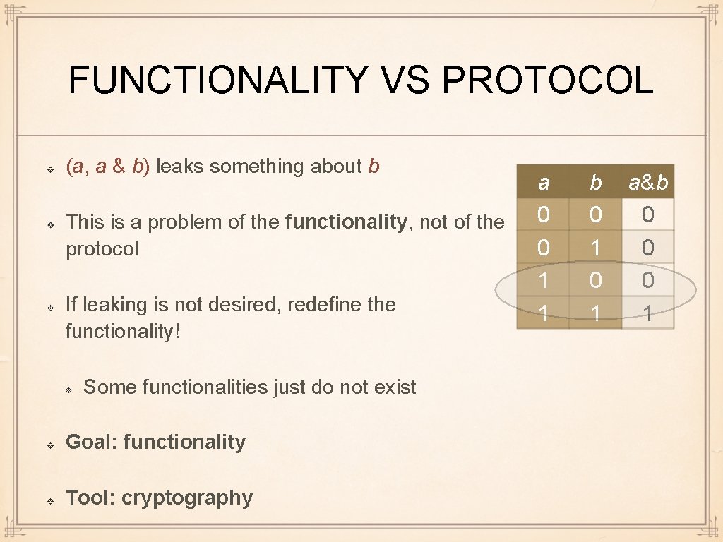 FUNCTIONALITY VS PROTOCOL (a, a & b) leaks something about b This is a