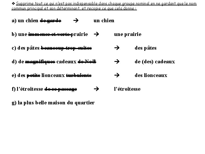 v Supprime tout ce qui n’est pas indispensable dans chaque groupe nominal en ne