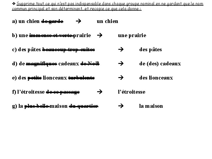 v Supprime tout ce qui n’est pas indispensable dans chaque groupe nominal en ne