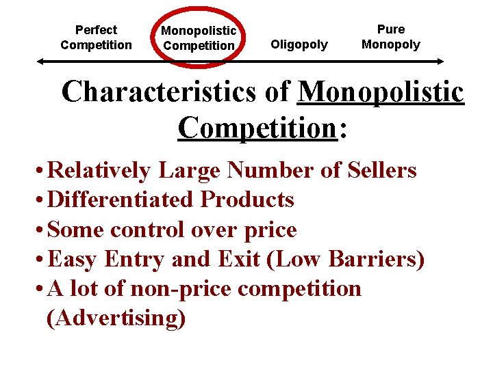 Perfect Competition Monopolistic Competition Oligopoly Pure Monopoly Characteristics of Monopolistic Competition: • Relatively Large
