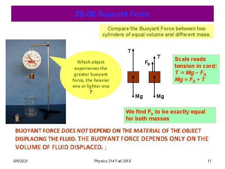 2 B-08 Buoyant Force Compare the Buoyant Force between two cylinders of equal volume