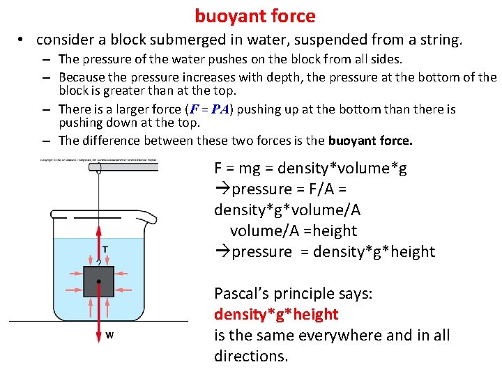 buoyant force • consider a block submerged in water, suspended from a string. –