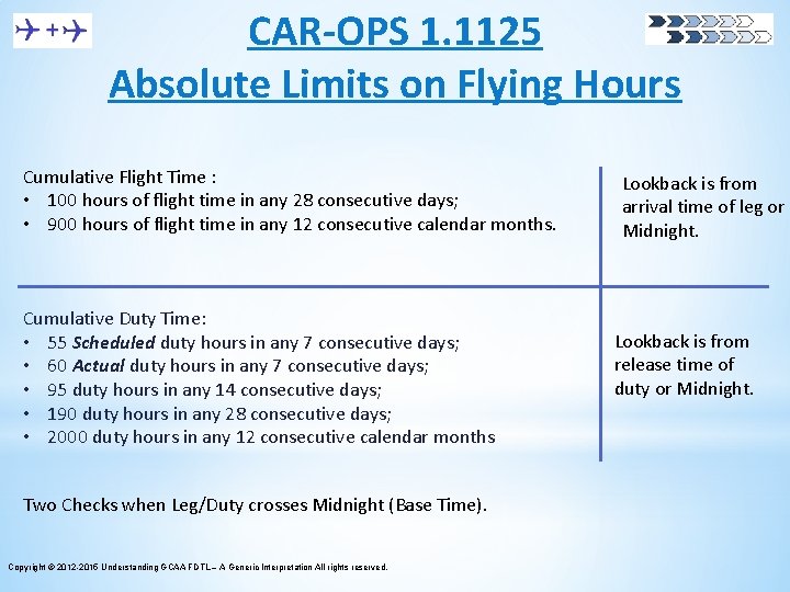 CAR-OPS 1. 1125 Absolute Limits on Flying Hours Cumulative Flight Time : • 100