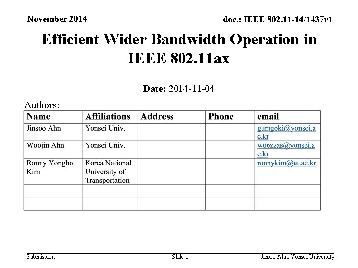 November 2014 doc. : IEEE 802. 11 -14/1437 r 1 Efficient Wider Bandwidth Operation