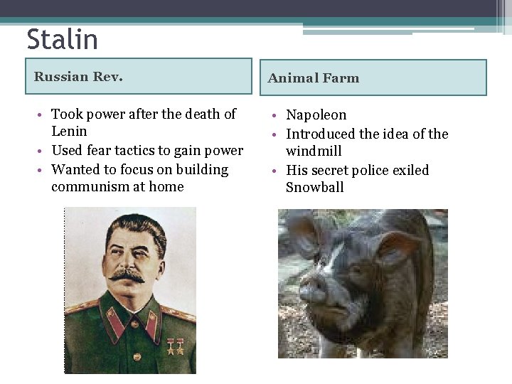 Stalin Russian Rev. Animal Farm • Took power after the death of Lenin •