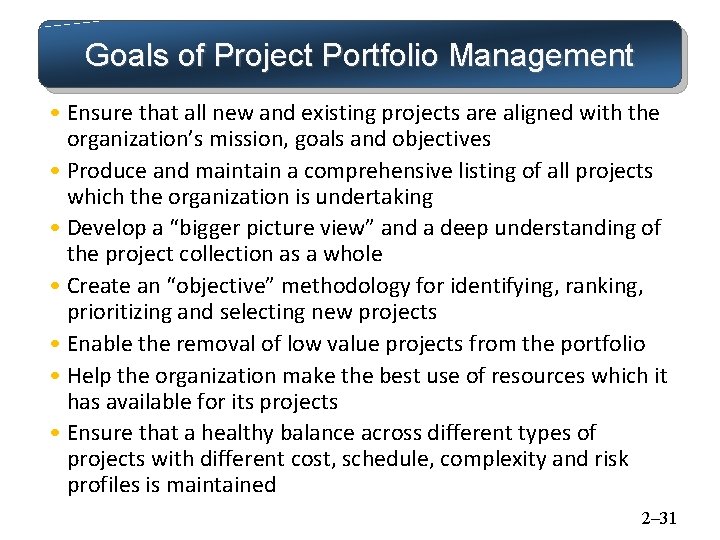 Goals of Project Portfolio Management • Ensure that all new and existing projects are