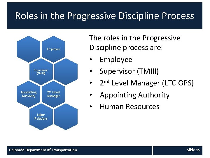 Roles in the Progressive Discipline Process Employee Supervisor (TMIII) Appointing Authority 2 nd Level