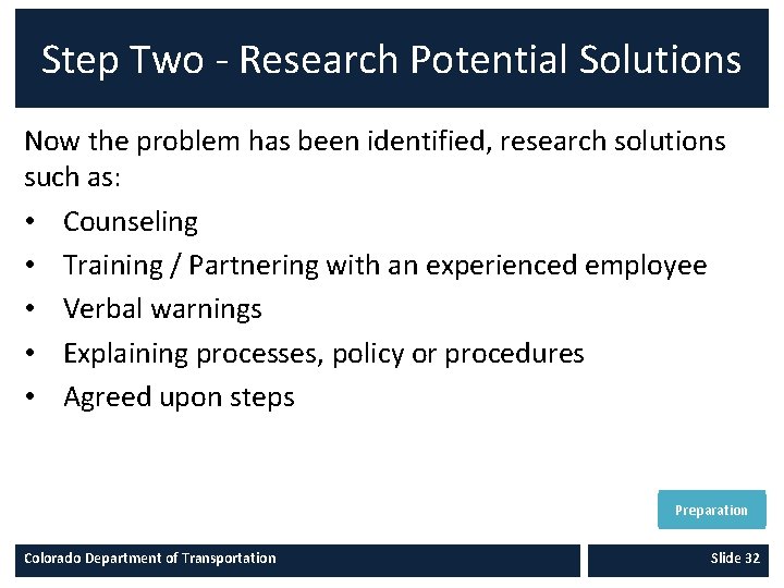 Step Two - Research Potential Solutions Now the problem has been identified, research solutions